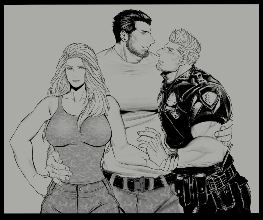 2boys arm_around_waist arm_hair bara beard belt bisexual_male blush boy_and_girl_sandwich breasts bulge eye_contact facial_hair feet_out_of_frame female greyscale hairy hand_on_another's_waist highres holding_another's_wrist large_breasts large_pectorals long_hair looking_at_another mature_male monochrome multiple_boys muscular muscular_male original pectorals police police_uniform policeman sandwiched short_hair sideburns smile tank_top tarowo uniform