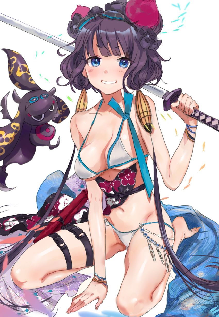 bad_id bad_twitter_id bare_shoulders beads bikini blue_eyes blush bracelet breasts cleavage collarbone fate/grand_order fate_(series) female floral_print goggles goggles_on_head grin hair_ornament highres jewelry katana katase_bono katsushika_hokusai_(fate) katsushika_hokusai_(swimsuit_saber)_(fate) long_hair looking_at_viewer medium_breasts navel obi octopus purple_hair sash seiza sidelocks simple_background sitting smile swimsuit sword thigh_strap thighs tokitarou_(fate) weapon white_bikini