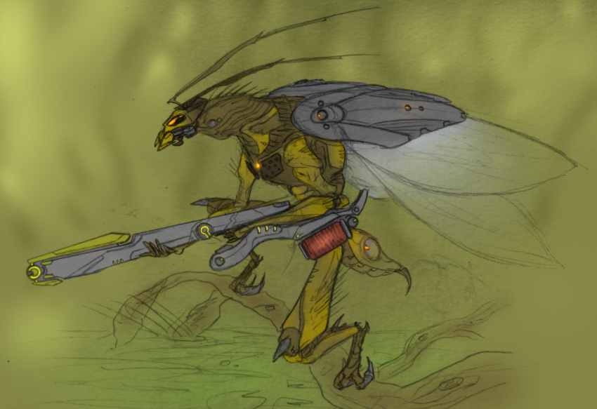 2015 5_fingers antennae_(anatomy) anthro armor arthropod arthropod_abdomen bionicle biped bitil digital_drawing_(artwork) digital_media_(artwork) fingers gun holding_gun holding_object holding_ranged_weapon holding_weapon hymenopteran insect_wings insects lego lepidopteran log machine makuta male mandibles orange_eyes outside ranged_weapon rifle robot rube simple_background sniper_rifle solo standing stinger stinger_(anatomy) traditional_media_(artwork) weapon wings wood