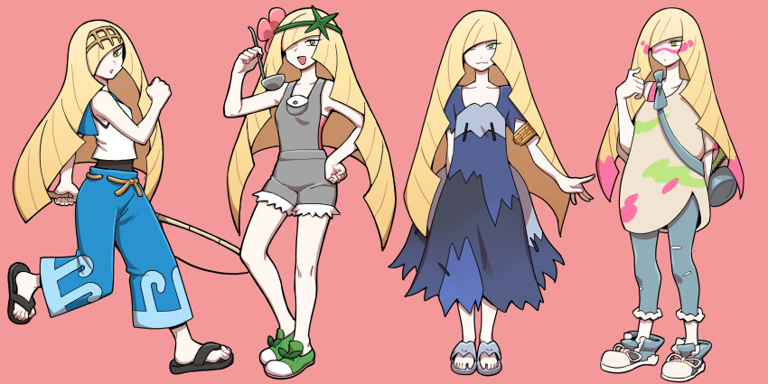 acerola_(pokemon) acerola_(pokemon)_(cosplay) alternate_costume arm_behind_back armlet bag bare_arms blonde_hair blue_pants collarbone commentary cosplay dress facepaint female fishing_rod flip-flops flower green_eyes green_footwear grey_overalls hair_flower hair_ornament hair_over_one_eye hairband hand_on_own_hip hand_up highres holding holding_fishing_rod holding_ladle knees ladle lana_(pokemon) lana_(pokemon)_(cosplay) long_hair lusamine_(pokemon) mallow_(pokemon) mallow_(pokemon)_(cosplay) mina_(pokemon) mina_(pokemon)_(cosplay) multiple_views nutkingcall one_eye_closed open_mouth overalls oversized_clothes oversized_shirt pants pink_background pink_flower pokemon pokemon_sm sandals shirt shoes simple_background sleeveless sleeveless_shirt smile stitches toes white_shirt yellow_hairband