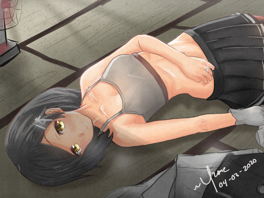 black_hair blush breasts brown_eyes closed_mouth commentary dated electric_fan female gloves grey_shirt hair_ornament hairclip highres indoors jewelry kantai_collection kuroshio_(kancolle) kuroshio_kai_ni_(kancolle) looking_at_viewer lying medium_breasts navel on_back on_floor pleated_skirt ring school_uniform shirt short_hair signature skirt smile solo sports_bra stomach tatami wedding_ring white_gloves yume_(mi_yu601)