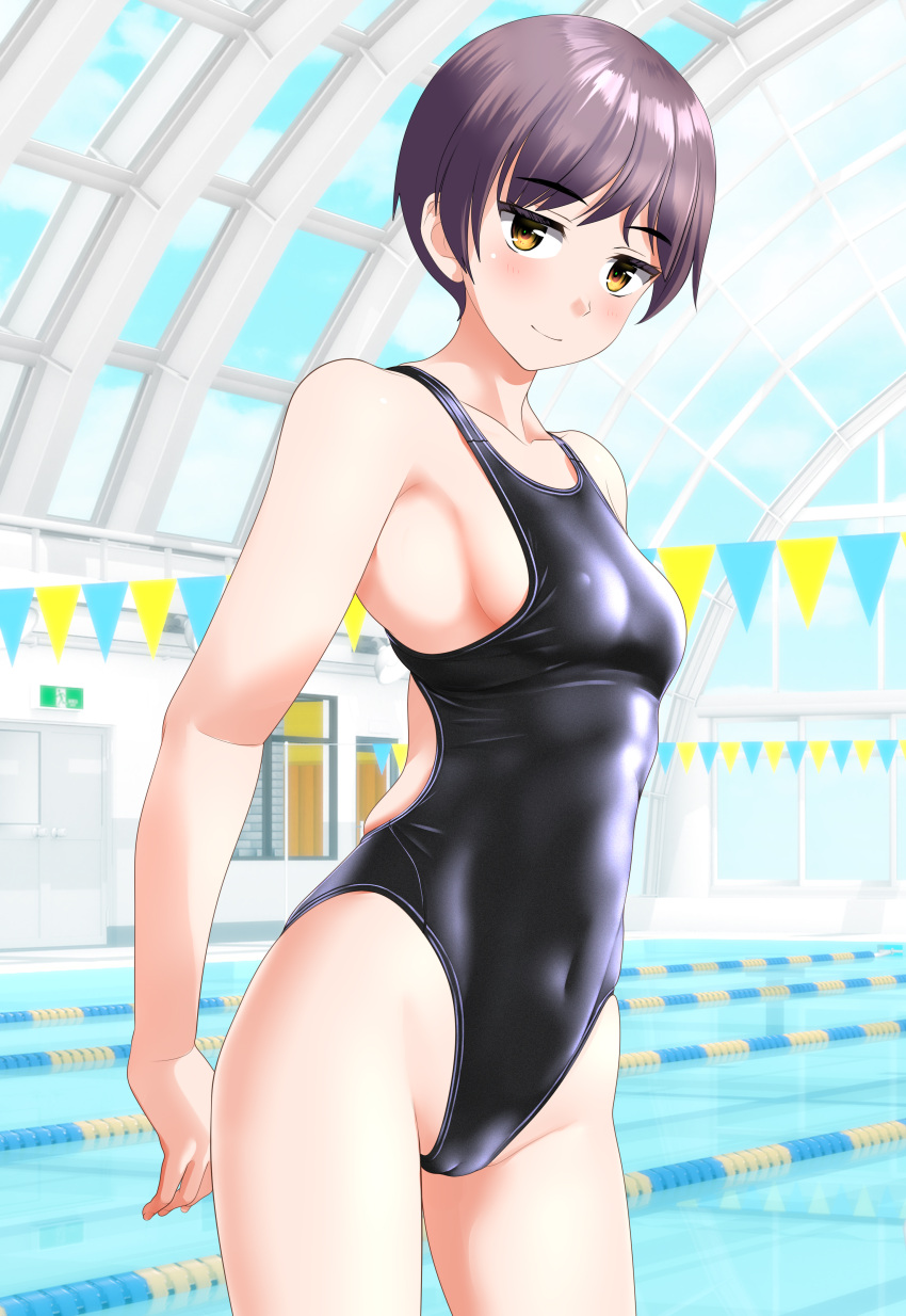 absurdres black_one-piece_swimsuit breasts brown_eyes cameltoe commentary_request competition_swimsuit covered_navel covered_nipples cowboy_shot curved_ceiling female glass_ceiling grey_hair groin highleg highleg_swimsuit highres indoors lane_line looking_at_viewer medium_breasts one-piece_swimsuit original pool short_hair sideboob solo standing string_of_flags swimsuit takafumi