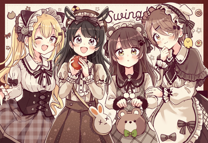 4girls :3 :o ;d animal_bag animal_ear_fluff animal_ears apple apron bag bear_ears beret black_bow black_capelet black_hair blonde_hair blush bow breasts brown_eyes brown_hair brown_headwear brown_skirt capelet closed_mouth collared_shirt commentary_request dress eyes_visible_through_hair food frilled_apron frilled_capelet frills fruit fur-trimmed_sleeves fur_trim grey_dress grey_eyes hair_between_eyes hair_ornament hair_over_one_eye hairclip hat highres higuchi_kaede_(swing!!) holding holding_bag holding_food holding_fruit layered_sleeves lolita_fashion long_hair long_sleeves miyasato_haruka mob_cap multiple_girls oerba_yun_fang okamoto_natsuhi one_eye_closed parted_lips plaid plaid_skirt pleated_skirt puffy_long_sleeves puffy_short_sleeves puffy_sleeves red_apple sakura_oriko school_uniform shirt short_over_long_sleeves short_sleeves shoulder_bag skirt sleeveless sleeveless_dress sleeves_past_wrists small_breasts smile striped striped_bow suspender_skirt suspenders sweet_lolita swing!! twintails unmoving_pattern very_long_hair waist_apron white_apron white_headwear white_shirt yokomine_ibuki