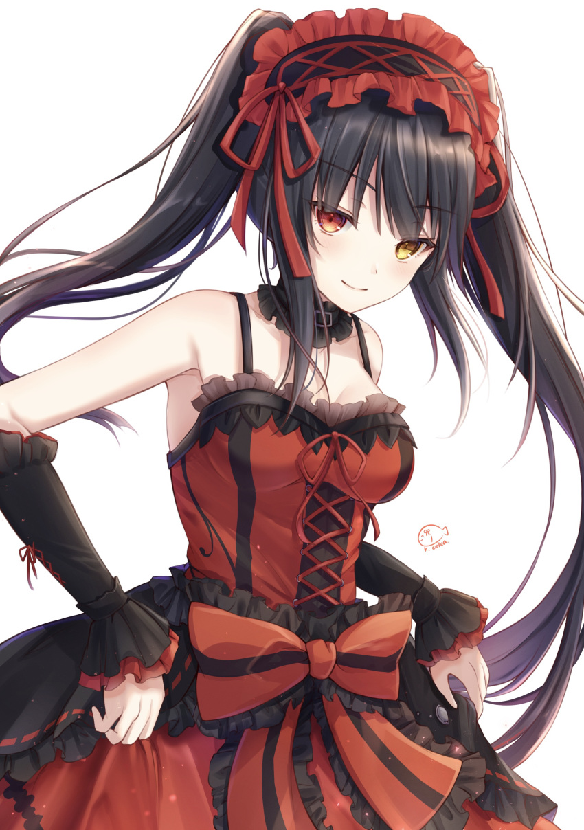 absurdres bare_shoulders black_hair black_hairband black_sleeves bow breasts closed_mouth collarbone commentary_request date_a_live detached_sleeves dress female frilled_hairband frills hairband heterochromia highres kiri_celea long_hair long_sleeves medium_breasts red_bow red_dress red_eyes red_ribbon ribbon signature simple_background sleeveless sleeveless_dress sleeves_past_wrists smile solo striped striped_bow tokisaki_kurumi twintails very_long_hair white_background yellow_eyes