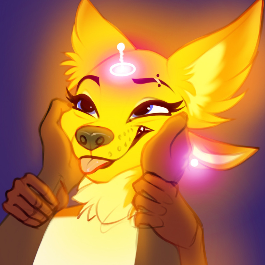 1:1 2021 anthro black_nose blep blue_eyes breasts canid canine discreet_user duo eyebrow_piercing face_squish facial_piercing female fox fur fyre_fox glowing glowing_body hand_on_cheek hi_res holding_face mammal multi_ear mylar_(discreet_user) piercing portrait squish tongue tongue_out yellow_body yellow_fur