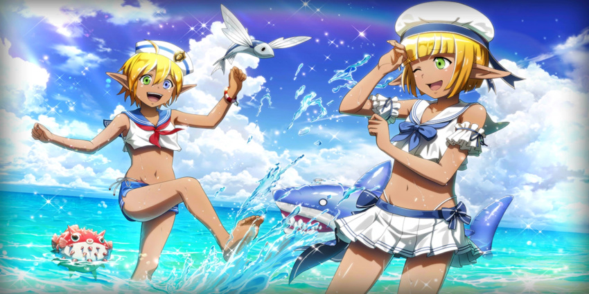 1boy aura_bella_fiora bare_shoulders beach bikini bikini_skirt blonde_hair blue_bow blue_eyes bow brother_and_sister commentary_request crossdressing dark_elf day elf female fish flying_fish green_eyes hat heterochromia highres inflatable_shark inflatable_toy mare_bello_fiore micro_bikini ocean otoko_no_ko outdoors overlord_(maruyama) pointy_ears puffer_fish sailor_collar sailor_hat shark siblings string_bikini swimsuit