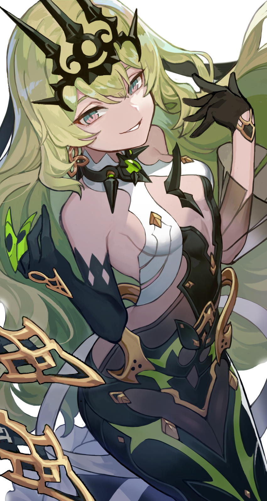 absurdres asymmetrical_gloves bare_shoulders black_dress black_gloves breasts claw_ring cleavage crown dress earrings female gloves green_eyes green_hair grin hair_between_eyes highres honkai_(series) honkai_impact_3rd jewelry long_hair looking_at_viewer mismatched_gloves mobius_(honkai_impact) open_mouth see-through see-through_sleeves simple_background sin_(btc86amme) single_earring single_sleeve sleeveless sleeveless_dress smile solo teeth wavy_hair white_background