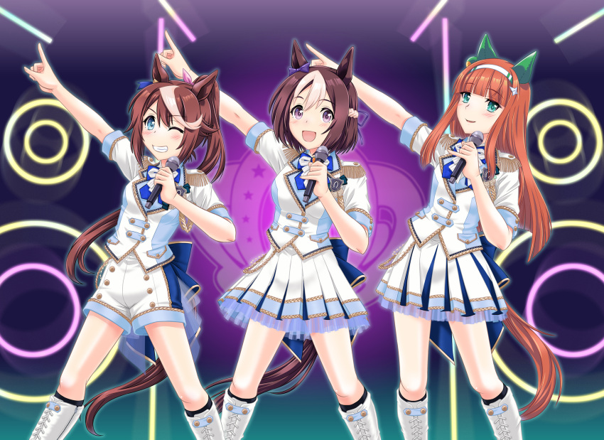 3girls alternate_costume animal_ears arm_up blue_eyes blunt_bangs boots bow bowtie braid brown_hair commentary_request cross-laced_footwear ear_covers ear_piercing epaulettes french_braid hair_flaps hair_ornament hairband high_ponytail highres hime_cut holding holding_microphone horse_ears horse_girl horse_tail horseshoe_print idol_clothes jacket knee_boots lace-up_boots light_brown_hair long_hair microphone multicolored_hair multiple_girls one_eye_closed orange_hair piercing pink_bow pleated_skirt purple_eyes shibuya_note short_sleeves shorts sidelocks silence_suzuka_(umamusume) skirt special_week_(umamusume) streaked_hair tail tokai_teio_(umamusume) two-tone_hair umajiri_gyuunyuu umamusume waist_bow white_bow white_bowtie white_hairband