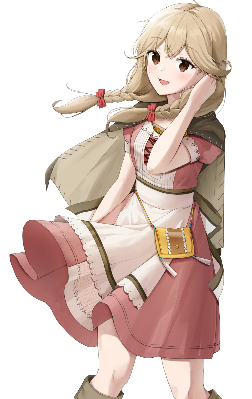 absurdres apron bag blonde_hair braid breasts brown_eyes capelet commission dada_(dadada_20) faye_(fire_emblem) female fire_emblem fire_emblem_echoes:_shadows_of_valentia hair_flowing_over handbag highres knees looking_at_viewer open_mouth pixiv_commission thighs white_background