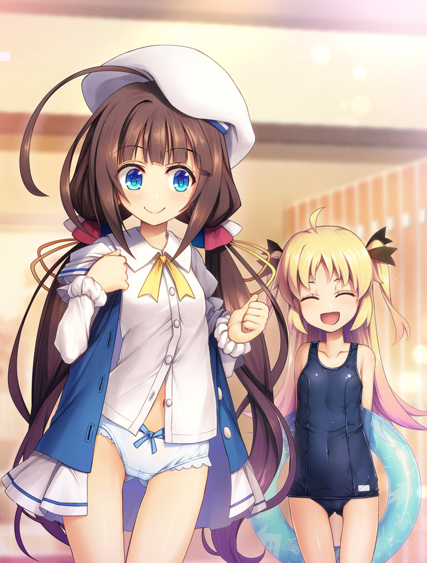 2girls :d ^_^ ahoge ass_visible_through_thighs beret black_ribbon blonde_hair blue_eyes blurry blurry_background charlotte_izoard chima_q closed_eyes collarbone commentary_request covered_navel hair_ribbon hat highres hinatsuru_ai indoors innertube long_hair low_twintails multiple_girls navel no_pants panties partially_unbuttoned ribbon ryuuou_no_oshigoto! school_swimsuit shirt smile swim_ring swimsuit thigh_gap twintails two_side_up underwear undressing very_long_hair white_panties white_shirt