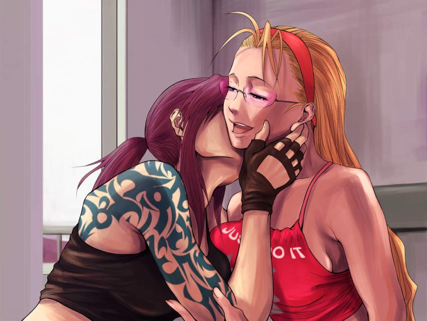 2girls antenna_hair arm_tattoo black_lagoon blonde_hair breasts brown_hair camisole casual commentary_request crop_top eda_(black_lagoon) fingerless_gloves gloves hair_pulled_back hairband hand_on_another's_neck highres kissing kissing_neck lips medium_breasts mimiyama_kiichi multiple_girls nike_(company) nose parted_lips pink-tinted_eyewear ponytail print_shirt red_hairband revy_(black_lagoon) rimless_eyewear shirt shoulder_tattoo sideboob sidelocks sunglasses tank_top tattoo tinted_eyewear yuri