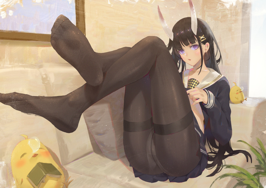 azur_lane bad_id bad_pixiv_id black_hair black_serafuku black_shirt black_skirt blush book cirilla_lin clothes_lift couch crossed_ankles feet female hair_ornament hairclip highres horns indoors lifting_own_clothes long_hair long_sleeves looking_at_viewer manjuu_(azur_lane) midriff_peek neckerchief no_shoes noshiro_(azur_lane) on_couch oni_horns open_book open_mouth panties panties_under_pantyhose pantyhose photo_(object) pillow pleated_skirt purple_eyes sailor_collar school_uniform serafuku shirt shirt_lift skirt sleeping soles underwear very_long_hair white_panties x_hair_ornament