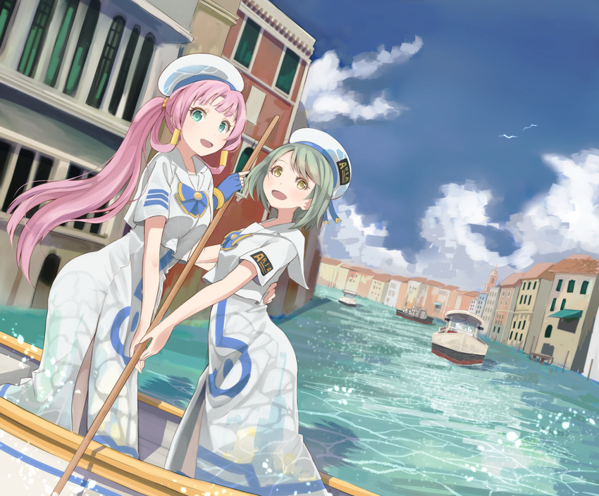 2girls aged_up aino_ai aqua_hair aria_(manga) aria_company_uniform aria_the_avvenire bad_id bad_pixiv_id beret blouse blue_sky boat building clothing_cutout cloud commentary_request day dress dutch_angle emblem fingerless_gloves gloves hair_rings hair_tubes hat high_ponytail hinoshita_akame long_dress long_hair looking_at_viewer mizunashi_akari multiple_girls outdoors paddle pink_hair river sailor_collar shirt short_hair short_sleeves side_slit sidelocks single_glove sky uniform very_long_hair watercraft white_dress white_hat white_shirt