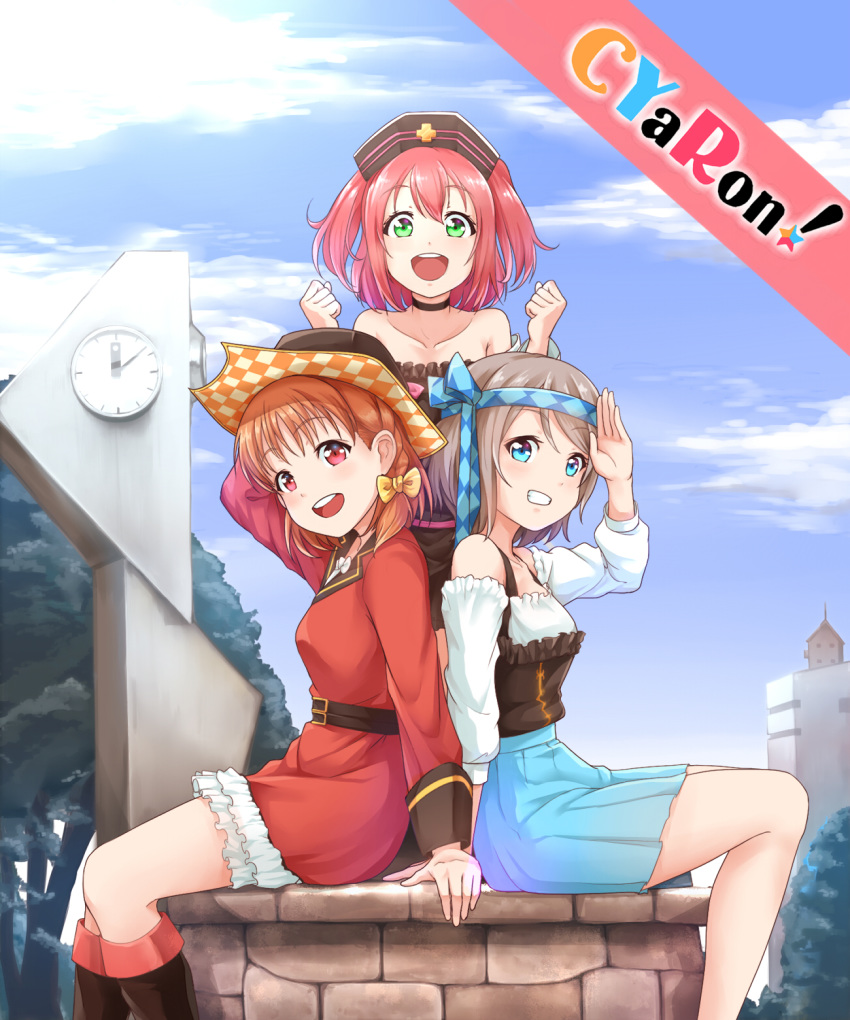 aqua_eyes blue_eyes commentary_request copyright cyaron_(love_live!) gold_trim grey_hair hat highres idol kanabun kinmirai_happy_end kurosawa_ruby love_live! love_live!_sunshine!! multiple_girls orange_hair pink_hair pirate pirate_costume pirate_hat red_eyes short_hair short_twintails takami_chika twintails watanabe_you