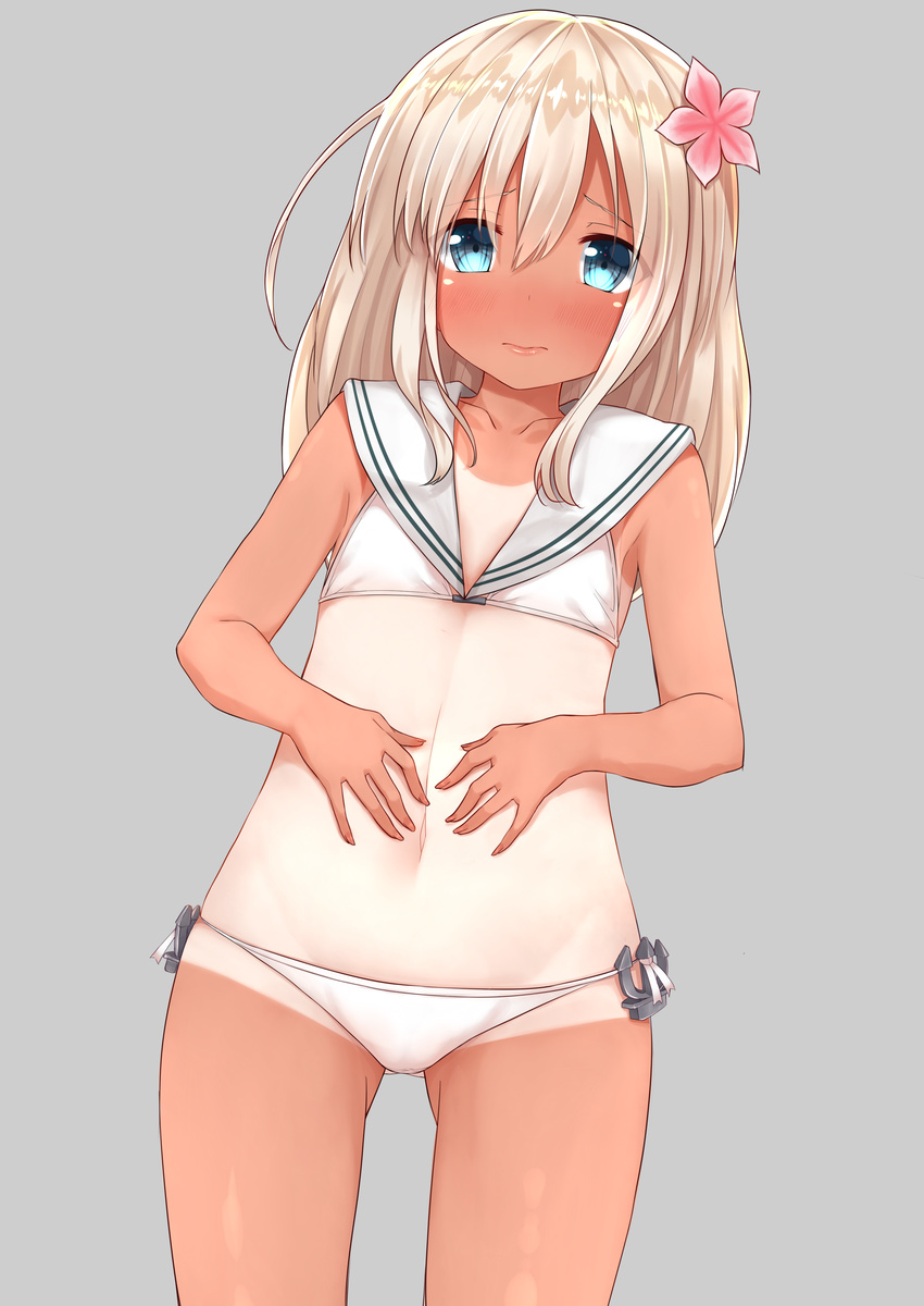 absurdres ass_visible_through_thighs bikini blue_eyes blush commentary_request cosplay female flat_chest flower go-1 hair_flower hair_ornament highres kantai_collection lips navel one-piece_tan platinum_blonde_hair ro-500_(kancolle) sailor_bikini sailor_collar solo swimsuit tan tanlines z3_max_schultz_(kancolle) z3_max_schultz_(kancolle)_(cosplay) z3_max_schultz_(swimsuit_mode)_(kancolle)