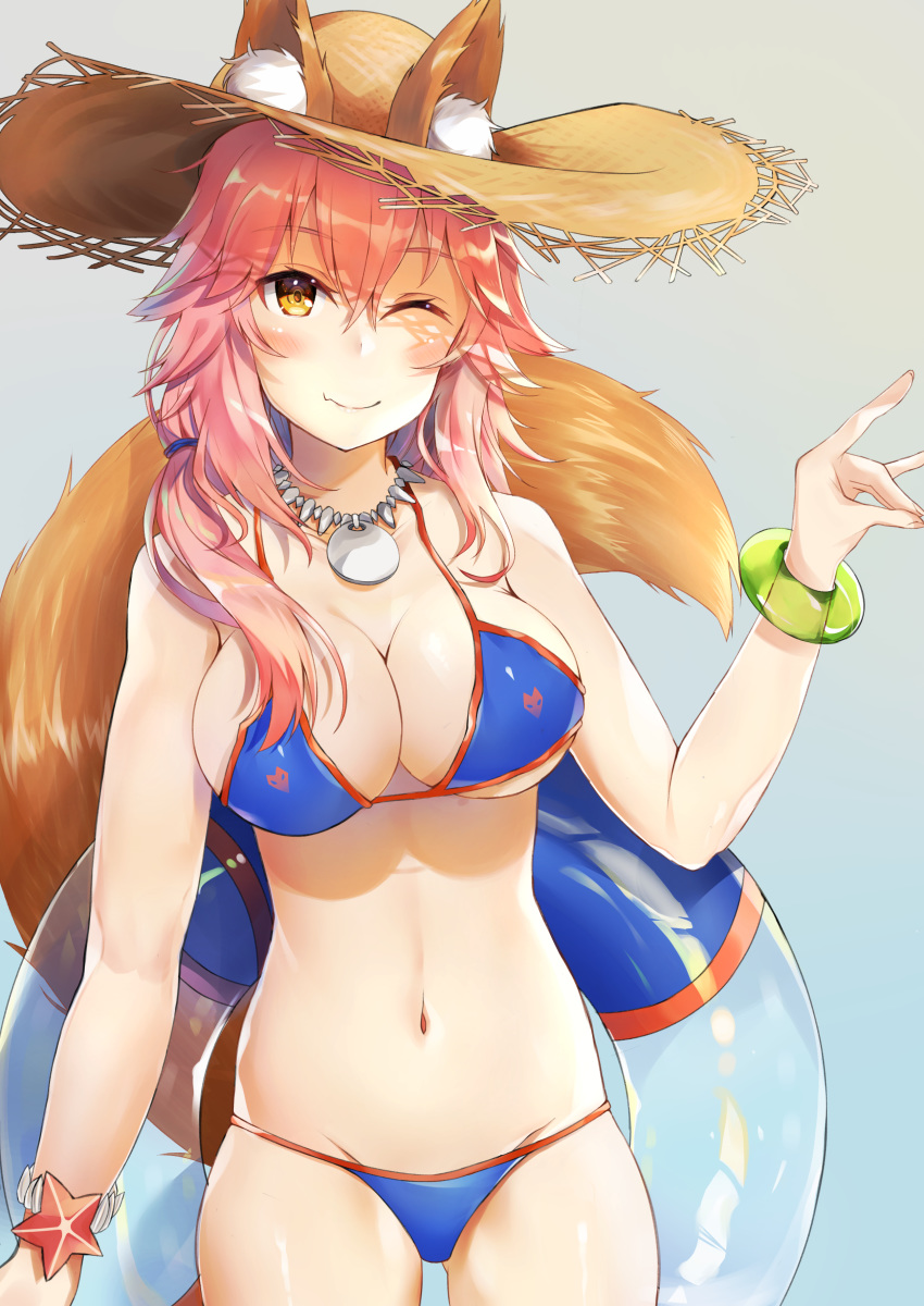 absurdres animal_ear_fluff animal_ears atora bad_id bad_pixiv_id bikini blue_bikini blush bracelet breasts cleavage collarbone commentary_request ears_through_headwear fate/grand_order fate_(series) female fox_ears fox_girl fox_shadow_puppet fox_tail grey_background groin hat highres innertube jewelry large_breasts looking_at_viewer navel necklace oerba_yun_fang one_eye_closed pink_hair side-tie_bikini_bottom simple_background solo straw_hat swim_ring swimsuit tail tamamo_(fate) tamamo_no_mae_(swimsuit_lancer)_(fate) yellow_eyes