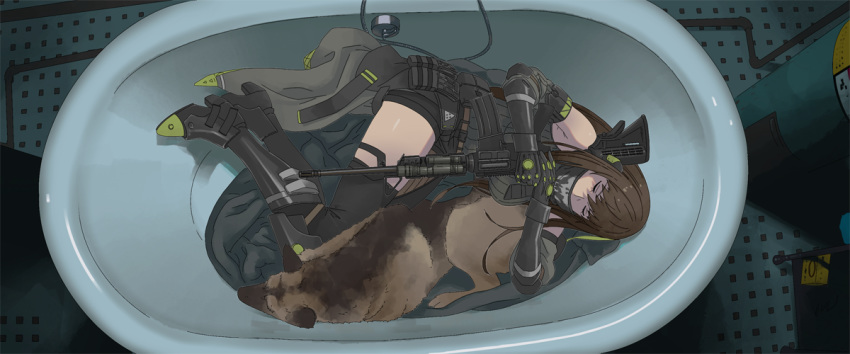 assault_rifle bathtub black_hair black_legwear canine closed_eyes clothes_around_waist commentary_request female german_shepherd girls'_frontline green_hair gun i_am_legend jacket jacket_around_waist long_hair m4_carbine m4a1_(girls'_frontline) m4a1_(mod3)_(girls'_frontline) mask multicolored_hair parody rifle scarf sidelocks skull_mask sleeping streaked_hair tab_(tabkun) thighhighs two-tone_hair weapon