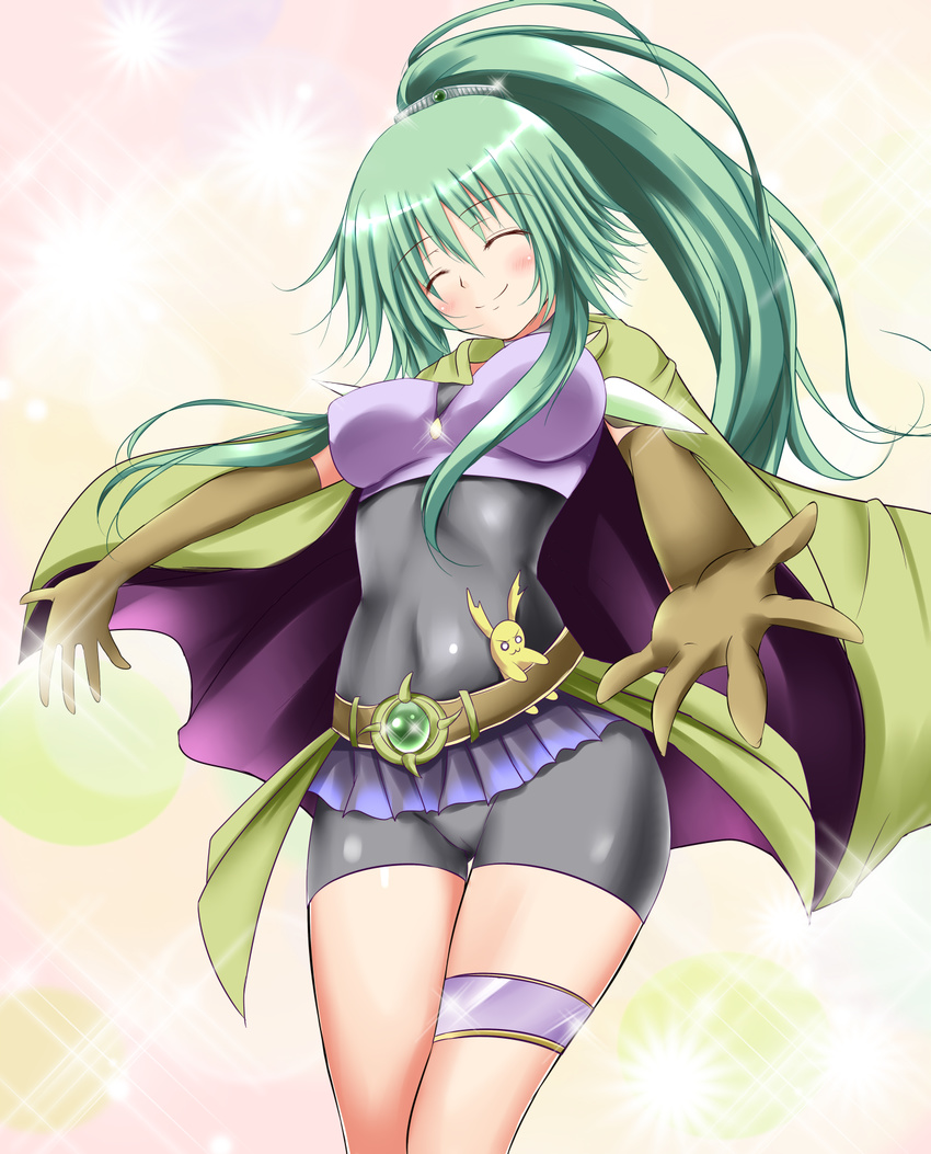 andrew_(duel_angel) bike_shorts blush breasts cameltoe closed_eyes commentary_request duel_monster elbow_gloves female gloves green_hair hair_ornament highres long_hair medium_breasts microskirt open_mouth ponytail skirt solo spiritual_beast_tamer_winda winda_(yu-gi-oh!) yu-gi-oh!