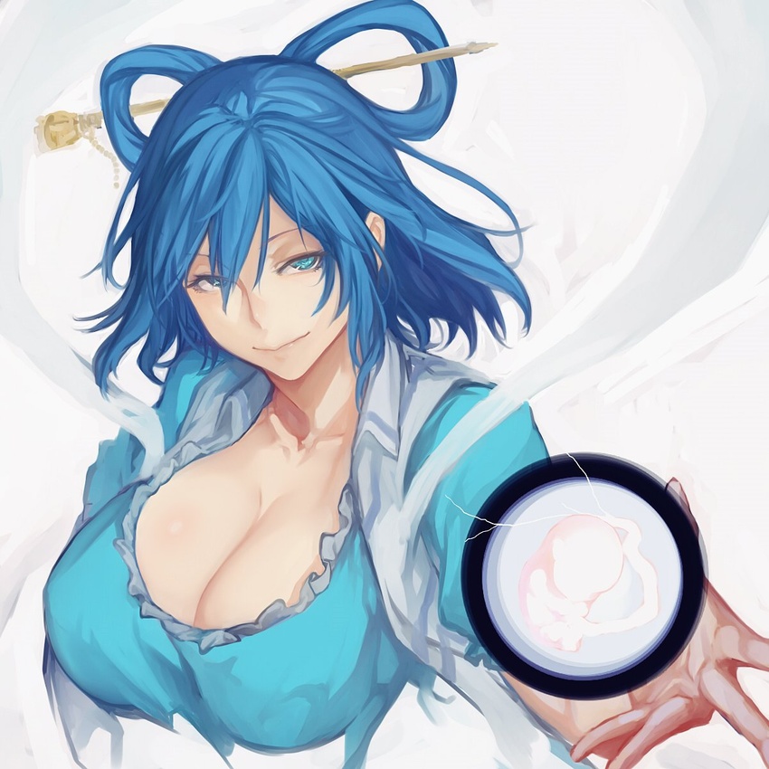 blue_dress blue_eyes blue_hair breasts cleavage collarbone commentary_request cropped_torso dress embryo female grey_background hair_between_eyes hair_ornament hair_rings hair_stick highres huge_breasts kaku_seiga looking_at_viewer nuppehofu_(nibuta) puffy_short_sleeves puffy_sleeves shawl short_hair short_sleeves simple_background smile solo touhou upper_body vest white_vest