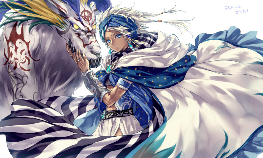 1boy bandana blue_bandana blue_cape blue_eyes blue_hair body_piercings bracelet cape closed_mouth crop_top deumion dragon earrings final_fantasy final_fantasy_ii gem hood hoodie jewelry looking_at_camera looking_at_viewer mage male_focus midriff monster pixiv ring short_hair silver_hair simple_background standing striped white_background white_cape