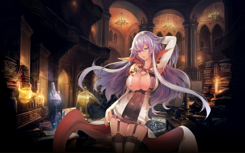 absurdres alchemy book bookshelf breasts cleavage collarbone dress female garter_straps hair_between_eyes hand_on_own_head hand_on_thigh highres isabelle_(shadowverse) large_breasts light_purple_hair long_hair looking_at_viewer magic_circle official_art open_mouth potion purple_eyes shadowverse shiny_skin solo source_request standing teddy_(khanshin) thighs third-party_edit