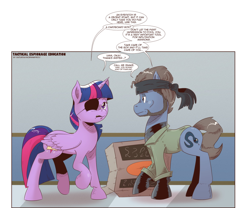 2018 alicorn alpha_channel beard box container cutie_mark dialogue duo english_text equid equine eye_patch eyewear facial_hair female friendship_is_magic hasbro hi_res horn horse konami male mammal meta metal_gear my_little_pony mythological_creature mythological_equine mythology naked_snake ponification pony saturdaymorningproj speech_bubble text twilight_sparkle_(mlp) voice_actor_joke wings