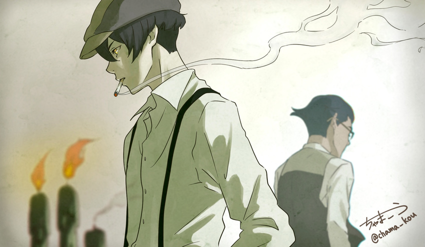 2boys 91_days avilio_bruno brown_hair candle chama_kou cigarette commentary_request corteo facing_away fire glasses hat highres looking_to_the_side male_focus multiple_boys smoking suspenders twitter_username undercut vest