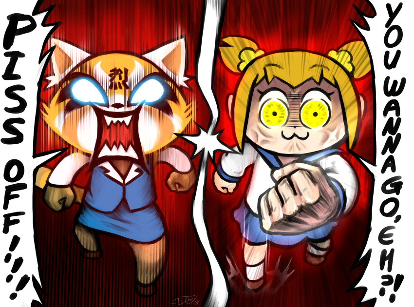 :3 aggretsuko ailurid angry anthro bottomwear clothing crossover digital_media_(artwork) duo english_text female hair hi_res human looking_at_viewer mammal pencil_skirt pop_team_epic popuko red_panda retsuko sanrio skirt speech_bubble teeth text thewill yelling