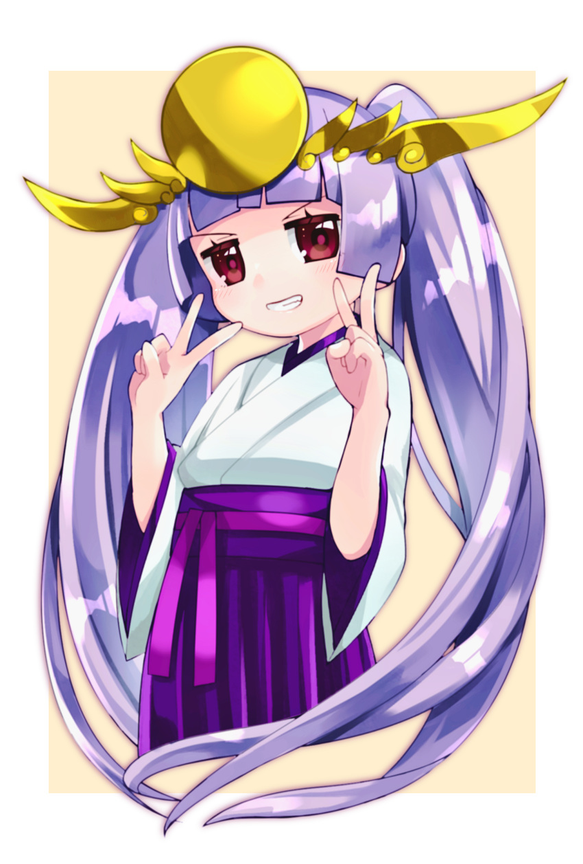 brown_background commentary_request double_v female grin hakama hakama_skirt hands_up headpiece highres japanese_clothes kimono long_hair long_sleeves pikomarie purple_hair purple_hakama puzzle_&_dragons red_eyes skirt smile solo twintails two-tone_background v v-shaped_eyebrows very_long_hair white_background white_kimono wide_sleeves yomi_(p&d)