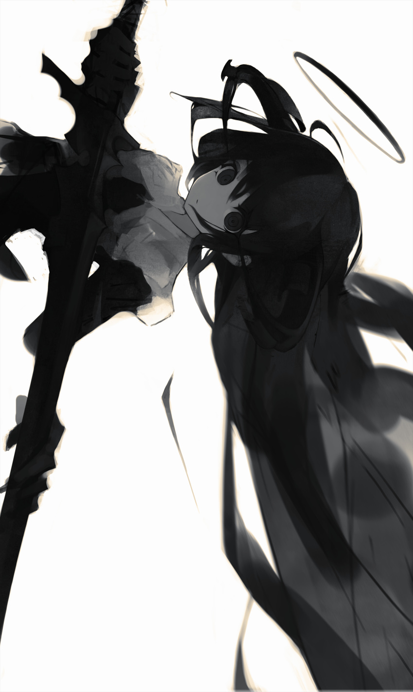 bad_id bad_pixiv_id blouse collared_shirt commentary cropped_torso female greyscale gyup hair_between_eyes halo highres holding holding_sword holding_weapon horns long_hair looking_at_viewer monochrome original ringed_eyes shirt sideways simple_background solo sword symbol-only_commentary upper_body very_long_hair weapon white_background