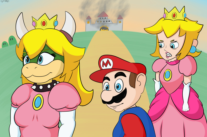 2018 3:2 alternate_species angry anthro ball_gown being_watched blonde_hair blue_eyes breasts castle clothing collar crown digitalspaz dress ear_piercing facial_hair female fire fist gloves grass group hair handwear hat headgear headwear hi_res horn human koopa long_hair looking_at_another male mammal mario mario_bros meme nintendo ogling overalls piercing plant princess_koopa princess_peach scalie smile smoke spiked_collar spikes