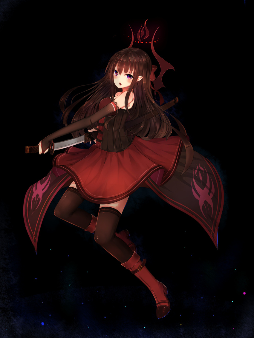 black_thighhighs brown_hair commentary_request detached_sleeves dress female hanami_dango_(zzldango) highres holding holding_sword holding_weapon long_hair original purple_eyes red_dress red_ribbon ribbon solo sword thighhighs weapon