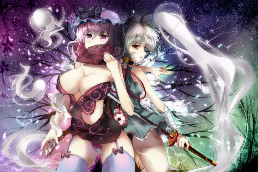 2girls alternate_costume back-to-back bare_shoulders black_bow black_panties black_ribbon blizzomos bow breasts cherry_blossoms cleavage commentary contemporary covering_own_mouth cowboy_shot dress folding_fan garter_straps grey_hair hair_ribbon hand_fan hat hat_bow highres hitodama katana konpaku_youmu konpaku_youmu_(ghost) large_breasts looking_at_viewer mob_cap multiple_girls panties pantyshot pink_eyes pink_hair purple_legwear purple_panties red_eyes ribbon saigyouji_yuyuko scabbard sheath short_dress short_hair standing sword thighhighs touhou tree underwear unsheathed weapon