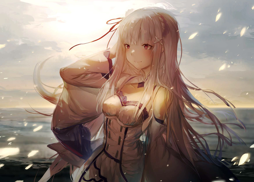 bare_shoulders breasts commentary detached_sleeves elf emilia_(re:zero) female flower hair_flower hair_ornament hair_ribbon highres long_hair looking_away medium_breasts petals pointy_ears purple_eyes re:zero_kara_hajimeru_isekai_seikatsu ribbon sa'yuki solo white_flower white_hair x_hair_ornament