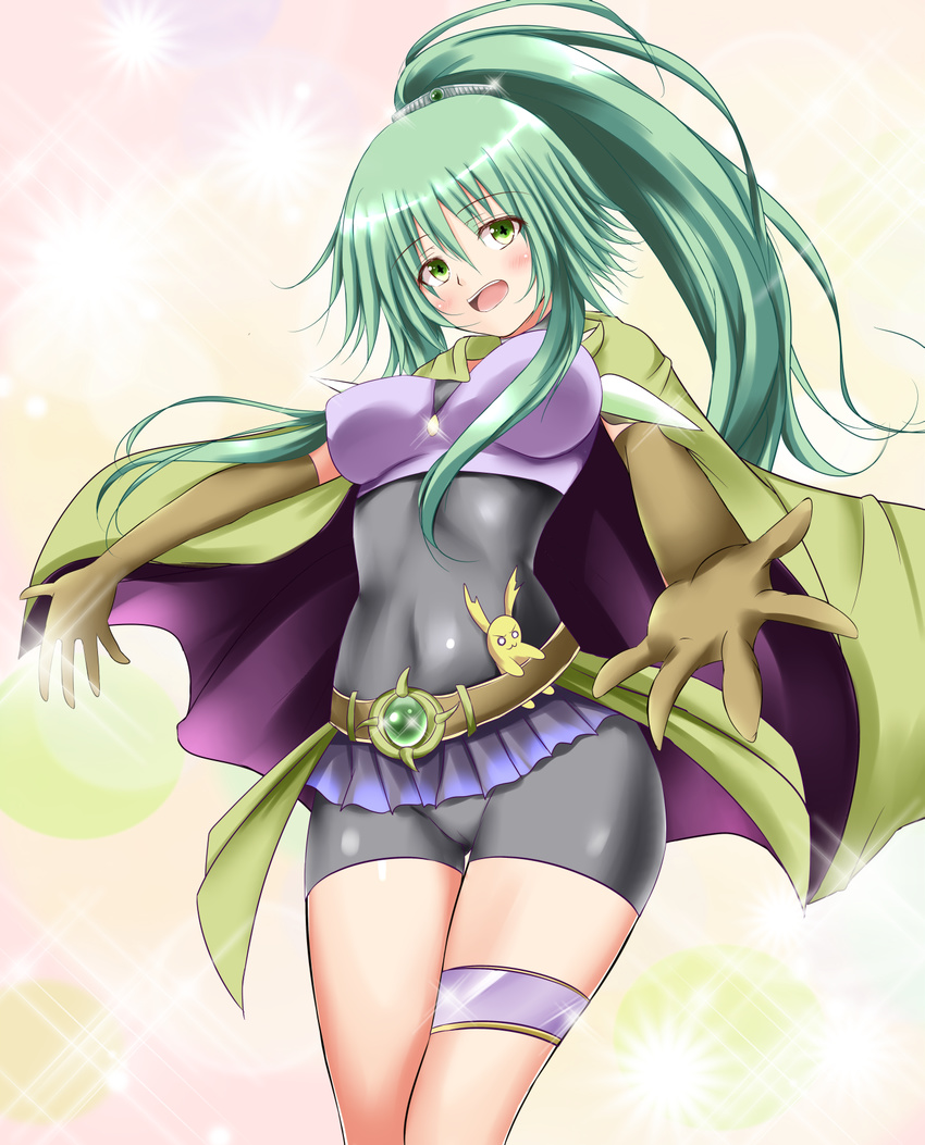 andrew_(duel_angel) bike_shorts blush breasts cameltoe commentary_request duel_monster elbow_gloves female gloves green_eyes green_hair hair_ornament highres long_hair medium_breasts microskirt open_mouth ponytail skirt solo spiritual_beast_tamer_winda symbol-shaped_pupils winda_(yu-gi-oh!) yu-gi-oh!