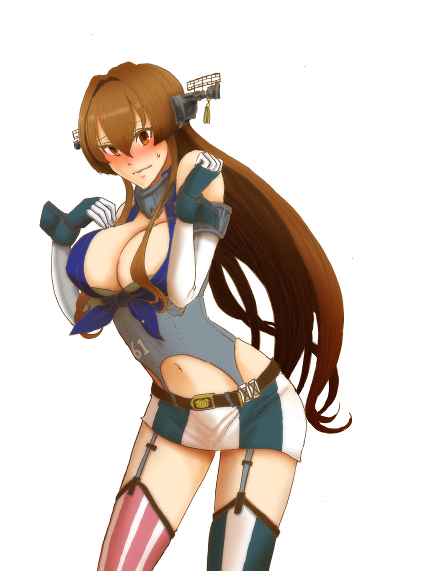 absurdres american_flag_legwear asymmetrical_legwear bad_id bad_pixiv_id bare_shoulders belt blue_skirt blush breasts brown_eyes brown_hair cleavage cosplay elbow_gloves embarrassed eyebrows female garter_straps gloves hair_between_eyes headgear highres iowa_(kancolle) iowa_(kancolle)_(cosplay) kantai_collection large_breasts long_hair midriff miniskirt mismatched_legwear multicolored_clothes multicolored_skirt navel nishoku_(llacarte11) photoshop_(medium) skirt solo striped_clothes striped_thighhighs sweatdrop thighhighs vertical-striped_clothes vertical-striped_thighhighs very_long_hair white_skirt yamato_(kancolle)