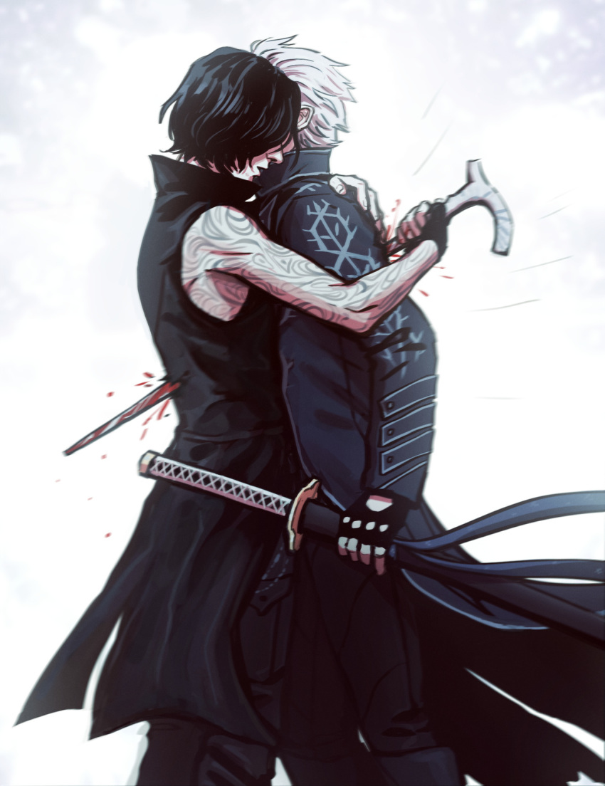 2boys arm_tattoo bare_shoulders black_coat black_gloves black_hair blood blue_coat coat devil_may_cry devil_may_cry_5 donlemefo fingerless_gloves gloves highres holding holding_cane holding_sword holding_weapon katana multiple_boys scabbard sheath stabbing sword tattoo v_(devil_may_cry) vergil weapon white_hair