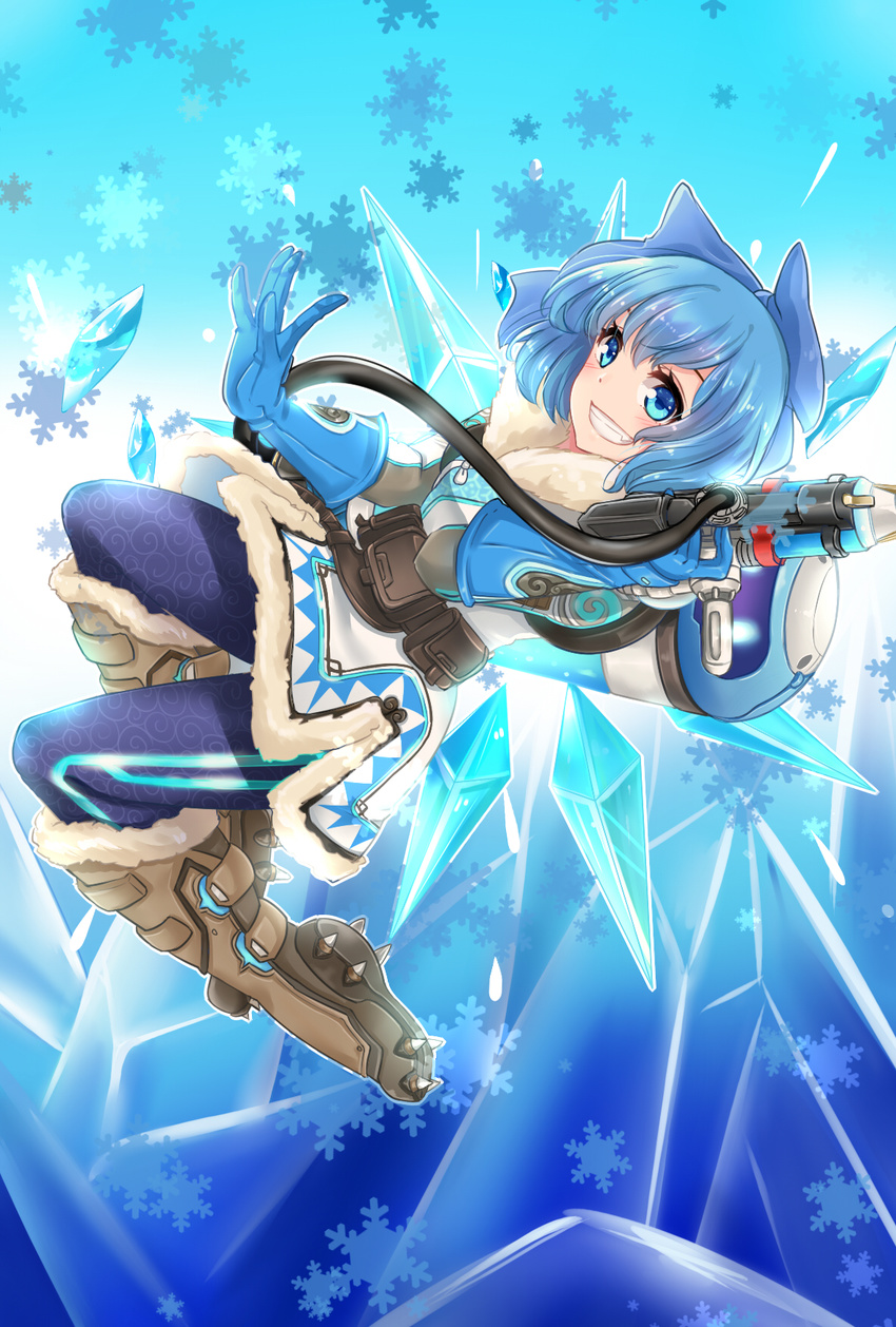 :d belt belt_pouch blue_bow blue_eyes blue_gloves blue_hair blue_legwear blush boots bow brown_footwear canister canteen cirno coat cosplay energy_gun female finger_on_trigger fur-trimmed_boots fur-trimmed_jacket fur_boots fur_coat fur_trim gloves grin gun hairbow handgun hands_up harness highres holding holding_gun holding_weapon hose ice ice_wings jacket knee_boots leggings looking_at_viewer mei_(overwatch) mei_(overwatch)_(cosplay) midair oerba_yun_fang open_mouth overwatch overwatch_1 parka pouch power_connection print_leggings ray_gun rouyuanzi_xiao_diudiu short_hair smile snowflake_background solo spiked_boots spiked_footwear spikes strap touhou utility_belt weapon wings winter_clothes winter_coat