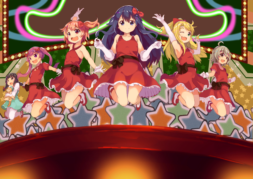 :3 ahoge black_hair blonde_hair blue_eyes blush bow brown_hair commentary dress hair_ornament hairbow happy_happy_friends highres himesaka_noa hoshino_hinata kamakura_(clupeoidei) konomori_kanon long_hair matsumoto_yuuna multiple_girls neon_lights oerba_yun_fang open_mouth orange_hair photoshop_(medium) red_dress red_hair shirosaki_hana short_hair side_ponytail smile stage tanemura_koyori twintails watashi_ni_tenshi_ga_maiorita!