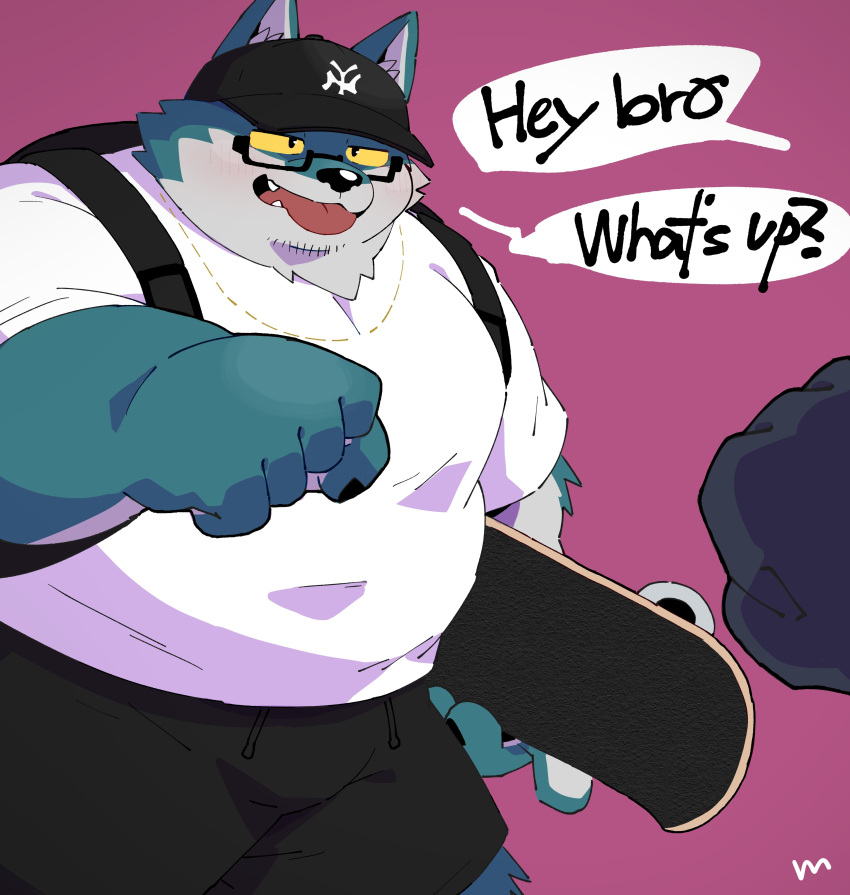 2022 absurd_res anthro belly big_belly bottomwear canid canine canis clothing domestic_dog english_text eyewear glasses hat headgear headwear hi_res humanoid_hands kemono male mammal overweight overweight_male shirt shorts simple_background skateboard solo_focus text tongue tongue_out topwear uokkom vehicle