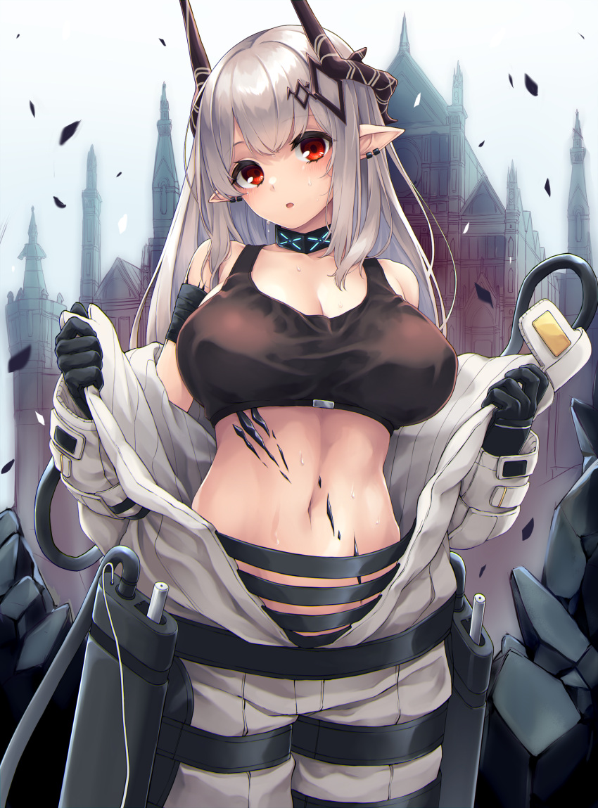 absurdres arknights armband bare_shoulders black_choker black_gloves black_sports_bra breasts building choker cleavage commentary cowboy_shot crop_top female gloves head_tilt highres horns infection_monitor_(arknights) large_breasts long_hair looking_at_viewer material_growth midriff mudrock_(arknights) mudrock_(elite_ii)_(arknights) nameko_houshi navel off_shoulder oripathy_lesion_(arknights) parted_lips pointy_ears red_eyes solo sports_bra standing stomach white_hair