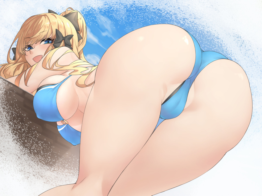 ass ass_focus bare_shoulders bent_over bikini black_bow blonde_hair blue_bikini blue_eyes blush bow breasts cleavage female gingami_(giluziru) hair_up hairbow large_breasts long_hair looking_at_viewer looking_back o-ring o-ring_bikini o-ring_top open_mouth outdoors photoshop_(medium) ponytail princess_connect! pussy_juice saren_(princess_connect!) saren_(summer)_(princess_connect!) sidelocks smile solo standing swimsuit thigh_gap thighs underboob