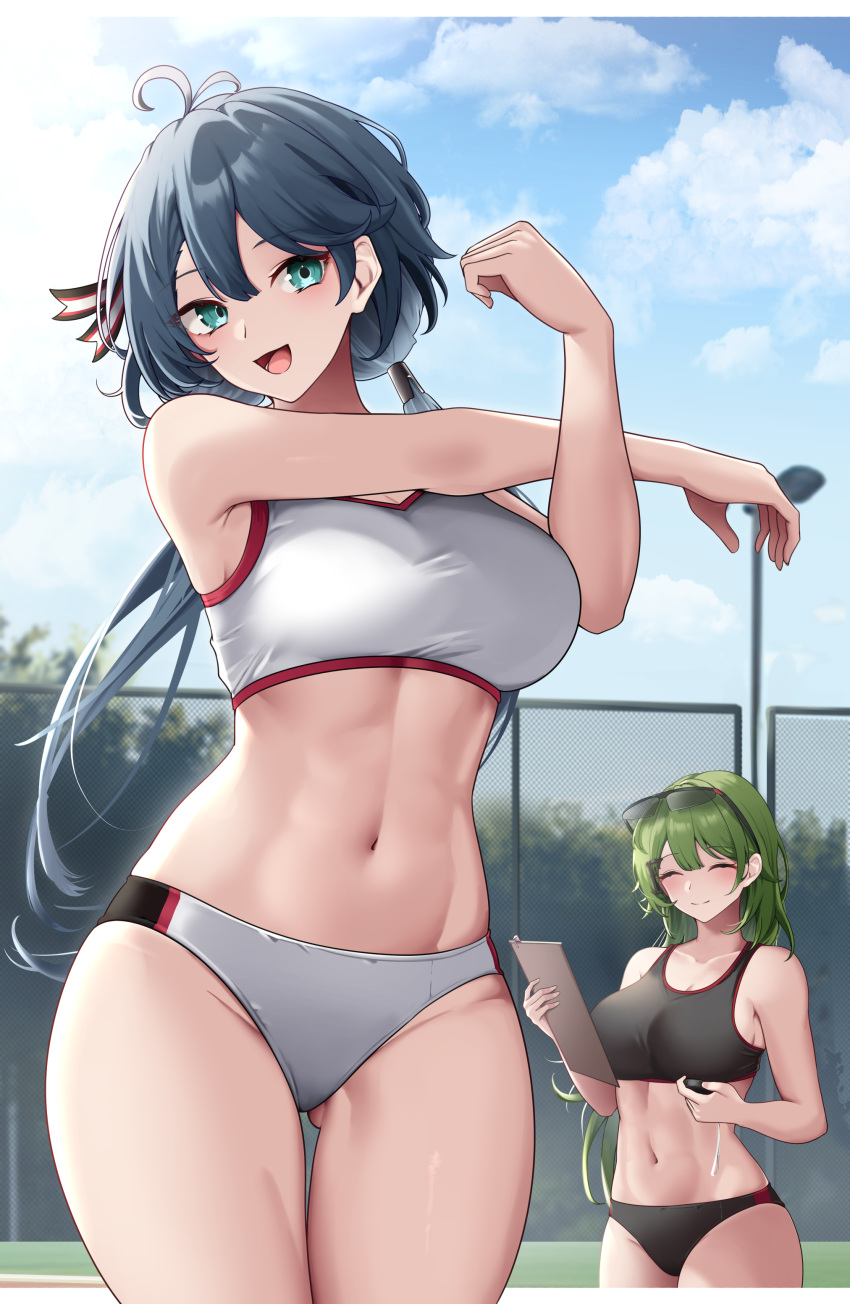 2girls :d ^_^ absurdres antenna_hair aqua_eyes ass_visible_through_thighs bare_arms bare_shoulders black_sports_bra blue_hair blue_sky blunt_bangs breasts buruma chain-link_fence cleavage clipboard closed_eyes closed_mouth cloud collarbone commentary_request commission cowboy_shot cowlick crop_top cross-body_stretch day eyewear_on_head fence girls'_frontline green_hair groin hair_between_eyes hair_ornament hair_ribbon highres holding holding_clipboard holding_stopwatch large_breasts long_hair looking_at_viewer low_twintails m240l_(girls'_frontline) masaki_nanaya midriff mk48_(girls'_frontline) multiple_girls navel open_mouth outdoors ribbon skeb_commission sky smile sports_bikini sports_bra standing stomach stopwatch stretching sunglasses thigh_gap thighs twintails very_long_hair white_sports_bra