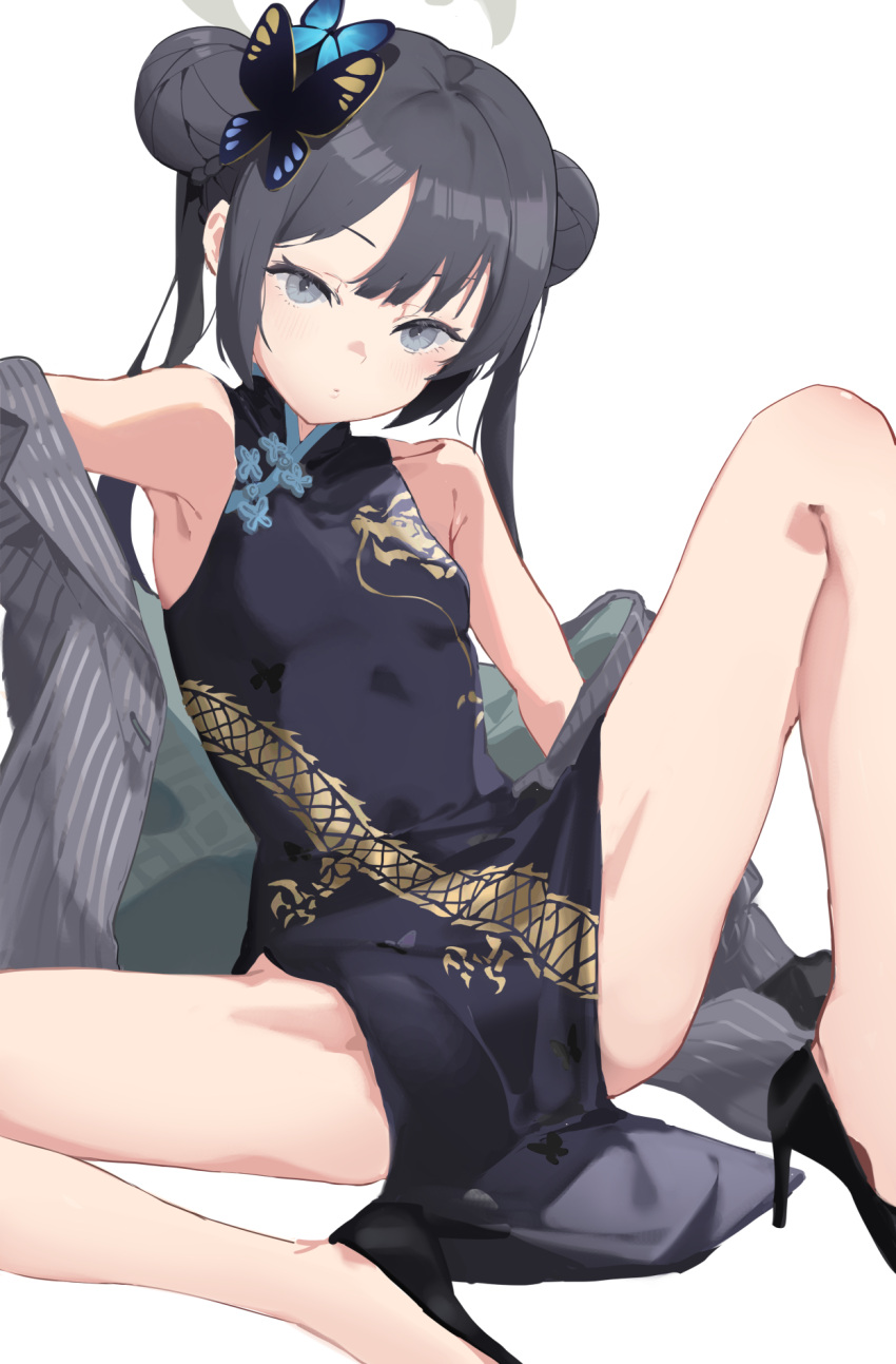 armpit_crease armpits black_coat black_dress black_footwear black_hair blue_archive breasts butterfly_hair_ornament china_dress chinese_clothes closed_mouth coat collarbone double_bun dragon_print dress female grey_coat grey_eyes grey_halo hair_bun hair_ornament halo high_heels highres kisaki_(blue_archive) light_blush looking_at_viewer pelvic_curtain pinstripe_jacket pinstripe_pattern print_dress sidelocks simple_background small_breasts solo spread_legs striped striped_coat tsuiru twintails vertical-striped_coat white_background