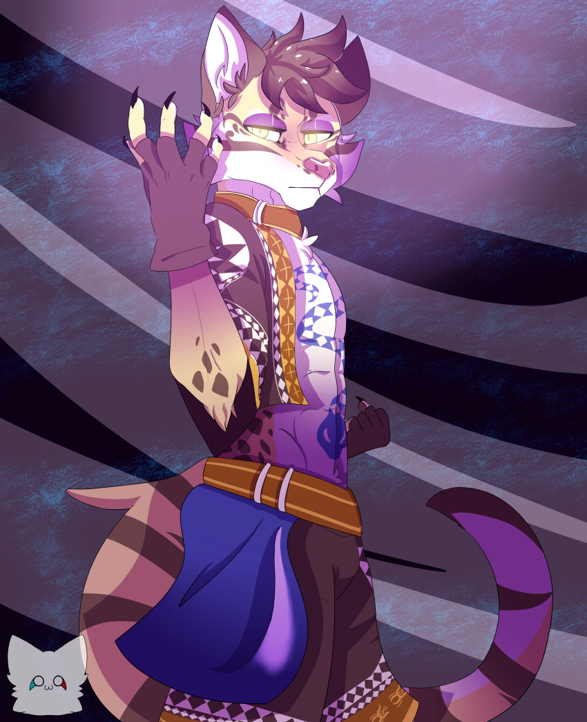 2020 absurd_res anthro clothed clothing clouded_leopard countershading digital_drawing_(artwork) digital_media_(artwork) felid fur hair hi_res josendall_art likulau looking_at_viewer male mammal nekojishi pantherine signature simple_background solo spots studio_klondike tattoo