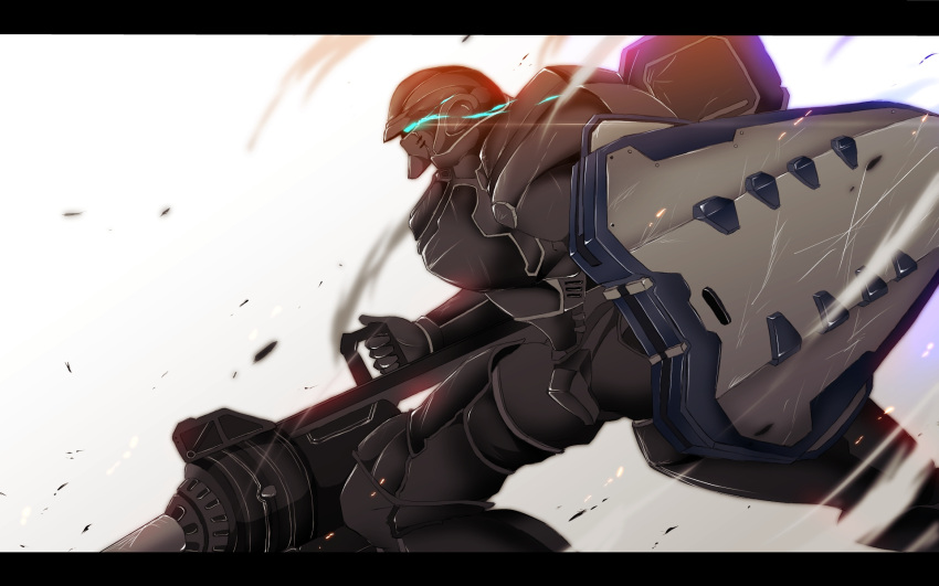 1boy armor earth_defense_force fencer_(edf) full_armor glowing glowing_eyes highres letterboxed male_focus nekominase pile_bunker power_armor shield simple_background smoke solo