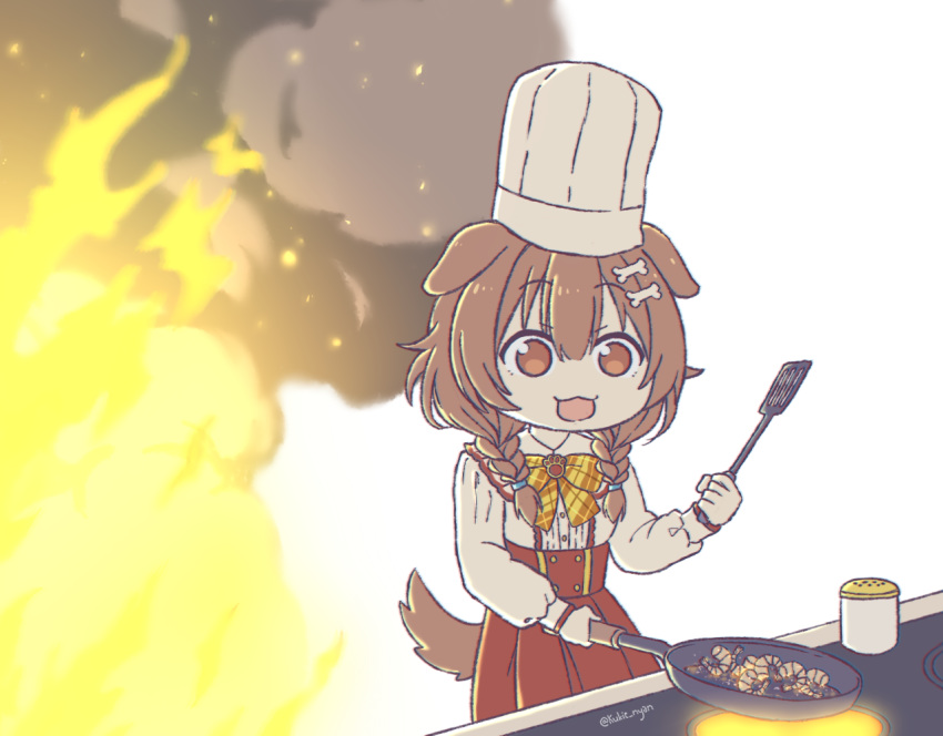 animal_ears bone_hair_ornament braid brown_eyes brown_hair chef_hat commentary cooking dog_ears dog_girl dog_tail female fire food frying_pan hair_ornament hat hololive inugami_korone inugami_korone_(street) kukie-nyan long_hair long_sleeves low_twin_braids solo spatula stove tail toque_blanche twin_braids virtual_youtuber