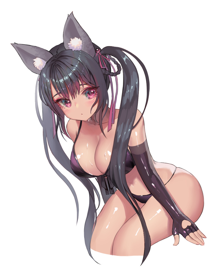 animal_ears annie_(destiny_child) bare_shoulders bikini black_gloves black_hair braid braided_hair_rings breasts cleavage closed_mouth clothing_cutout collarbone destiny_child elbow_gloves female fingerless_gloves fox_ears front-tie_bikini_top front-tie_top gloves hair_ribbon hair_rings heart_cutout highres large_breasts latex latex_gloves leaning_forward long_hair looking_at_viewer myabit navel pink_eyes purple_bikini ribbon sidelocks simple_background sitting skindentation solo stomach string_bikini swimsuit thighs twintails very_long_hair wet white_background