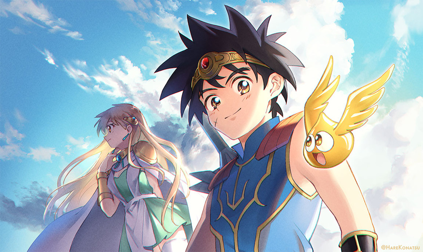 1boy :d black_hair blonde_hair blue_shirt blue_sky blush breasts brown_eyes cape choker circlet cleavage closed_mouth cloud cloudy_sky commentary_request creature cross_scar dai_(dragon_quest) day dragon_quest dragon_quest_dai_no_daibouken dress earrings female gold_choker gome green_dress hair_ornament hand_up happy jewelry konatsu_hare long_hair looking_at_another looking_at_viewer looking_to_the_side open_mouth outdoors princess_leona scar scar_on_face shirt short_hair sky sleeveless sleeveless_dress sleeveless_shirt smile standing sword thighhighs vambraces weapon weapon_on_back white_cape white_thighhighs wings