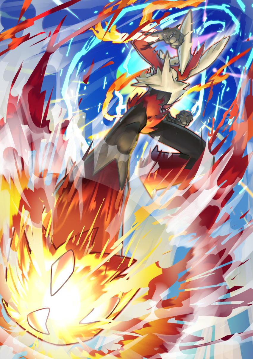 absurdres blaziken blue_eyes claws clenched_hands commentary_request fire from_below highres kicking leg_up looking_down matsumoto_(ma_tsuya) mega_blaziken mega_pokemon pokemon pokemon_(creature) solo